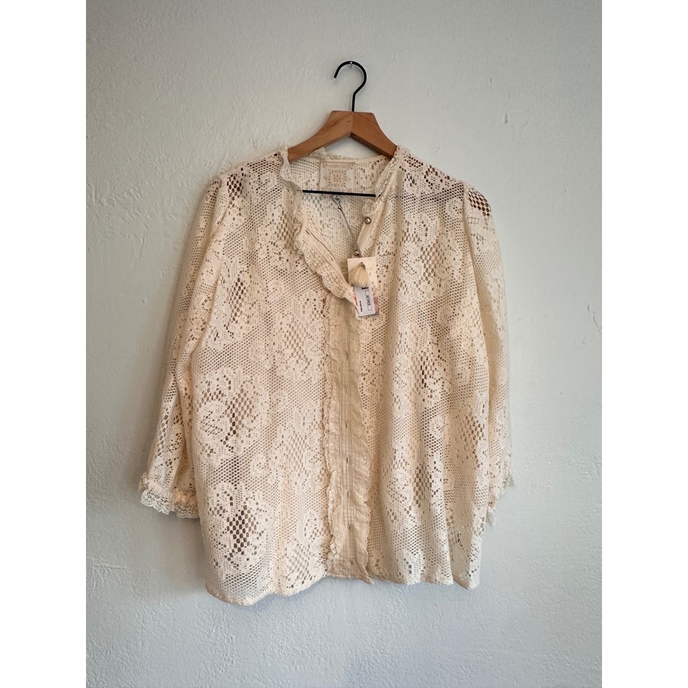 Johnny Was Betty Blouse Women L Cream Floral Lace Button Front Pearl Ruffle Trim - Picture 3 of 9